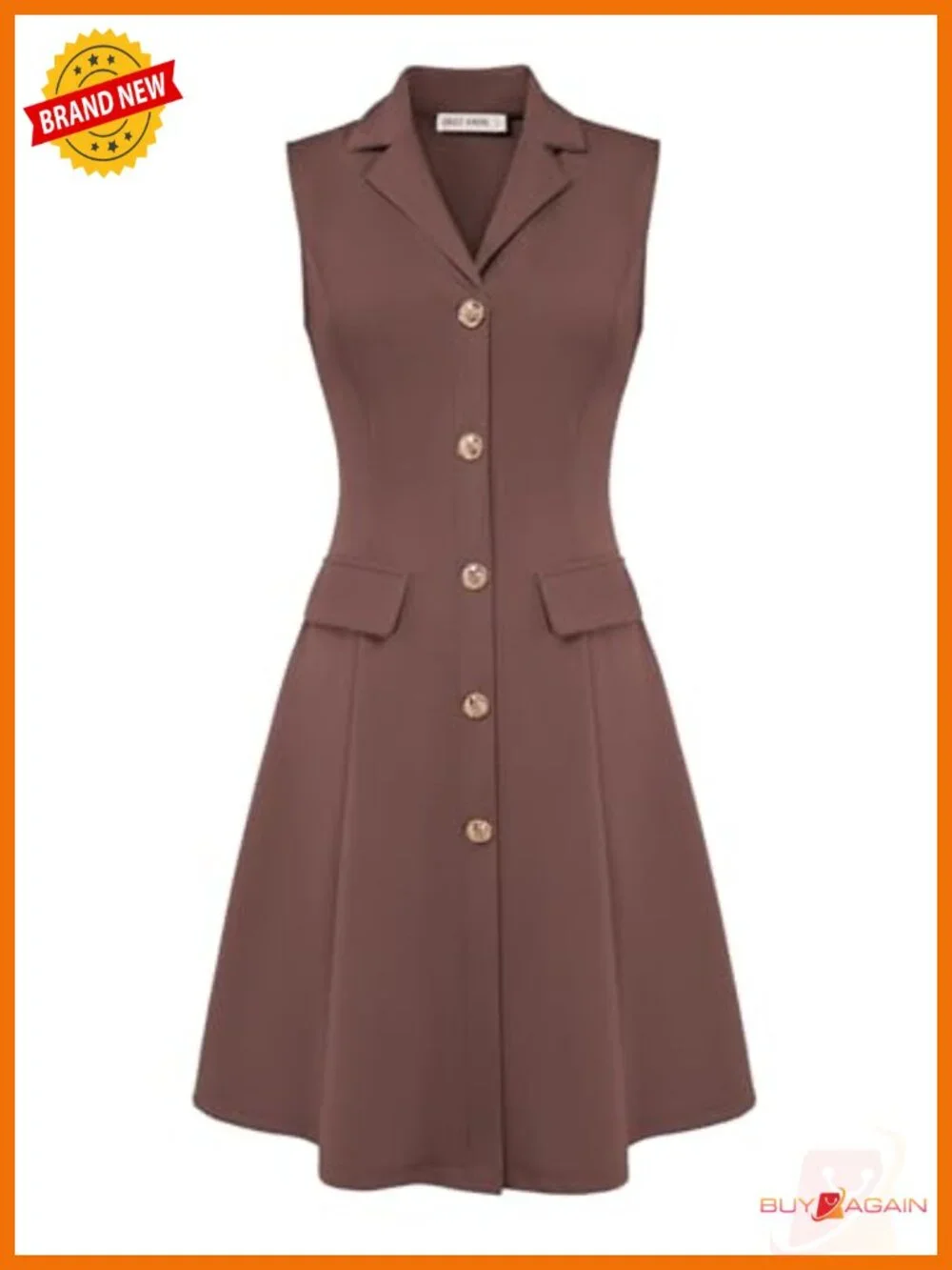 Sleeveless Button Down Work Dress Lapel Collar A-Line Knee Length